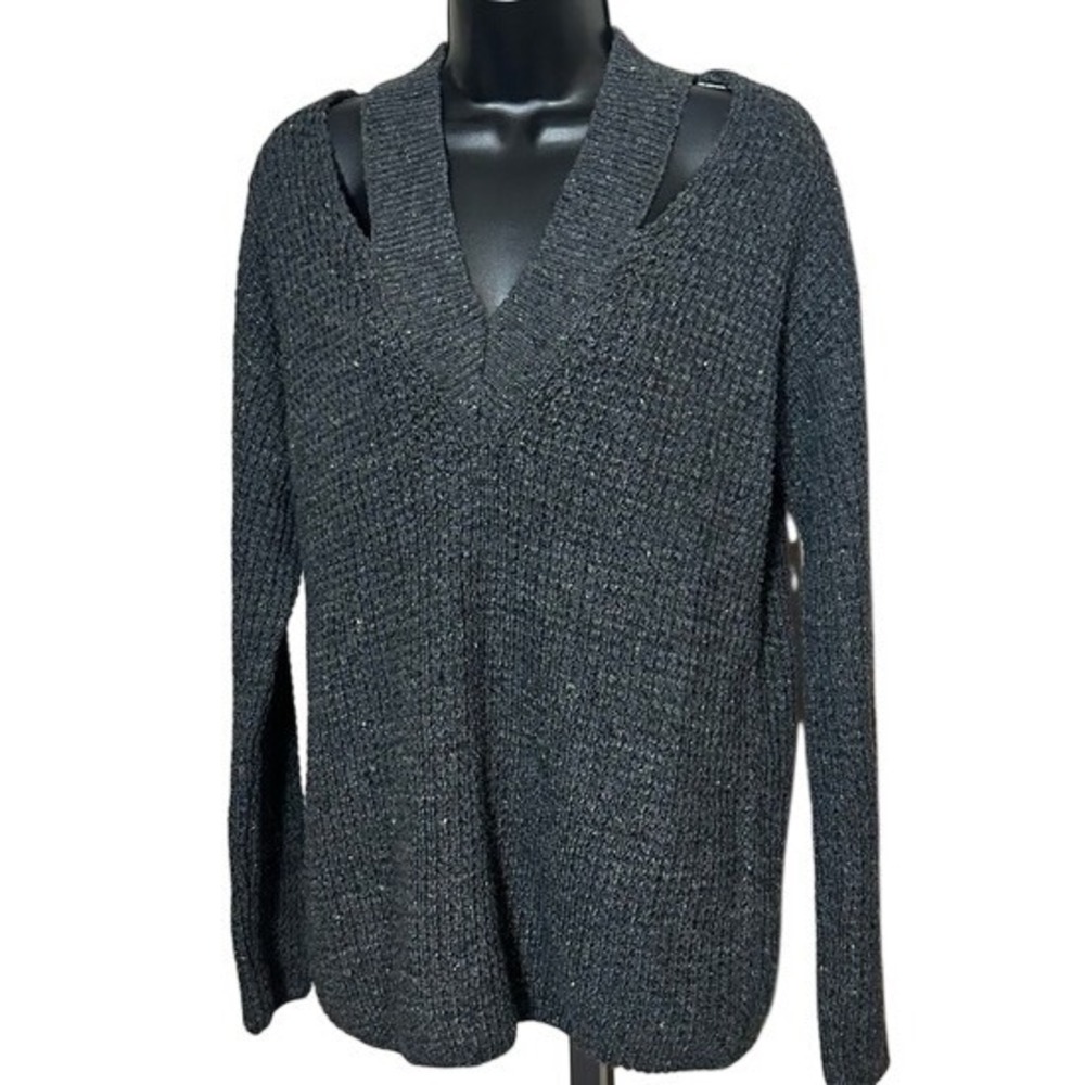 DO+BE Cozy Charcoal Grey with Woven Color Speckle Knit Sweater Neckline Cutouts
